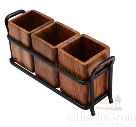 Triple Wooden Cutlery Holder with Metal Stand