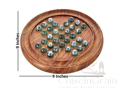 Wooden Solitaire Board Game with Glass Marbles