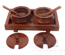 Double Wooden Spice Bowl Set with Tray & Spoons