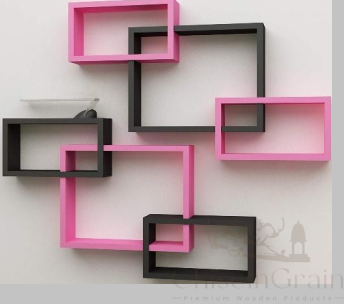 🌸 Modern Wooden Wall Shelf – Black & Pink Designer Rack