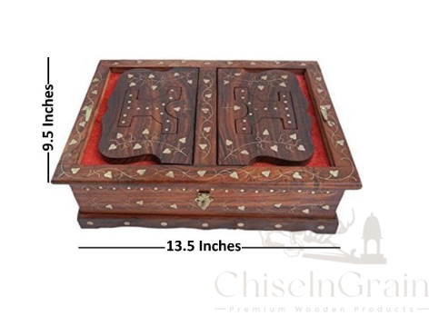 Wooden Rehal with Brass Inlay Storage Box – 13.5 Inch