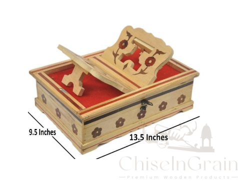 Wooden Rehal with Floral Storage Box – 13.5 Inch