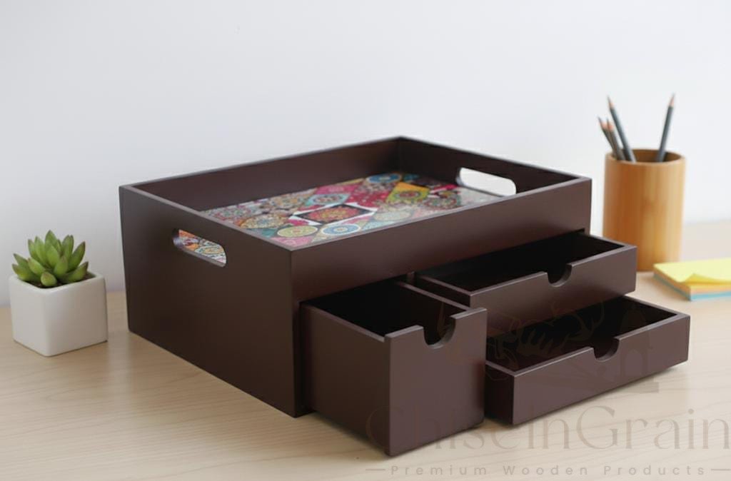 Wooden Multipurpose Organizer with Drawers & Colorful Top