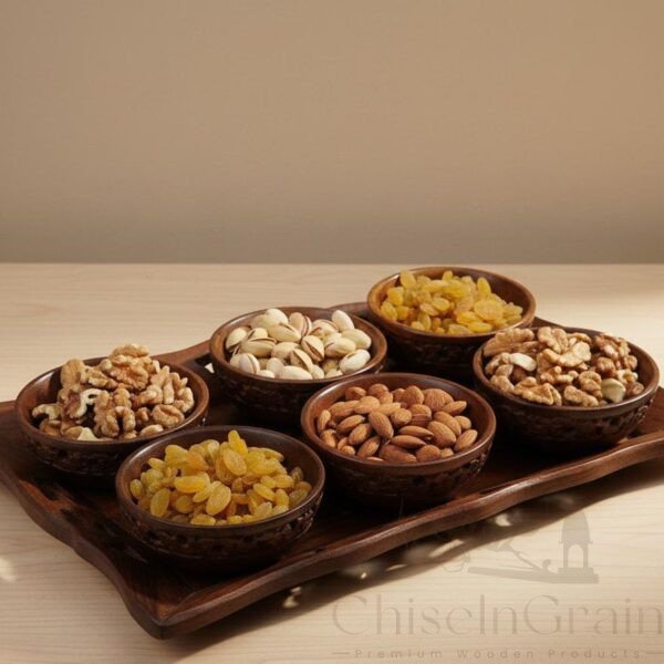 Premium 6-Bowl Wooden Dry Fruit Tray Set – Handcrafted Rustic Serveware