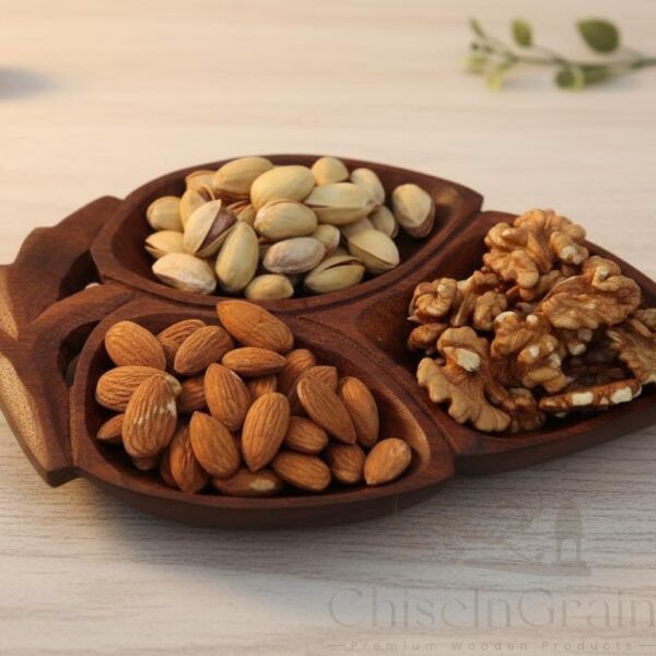 NutLeaf Trio Bowl | Wooden Dry Fruit & Snack Platter