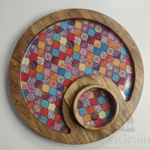Premium Wooden Serving Platter with Dip Bowl – Mosaic Art Design